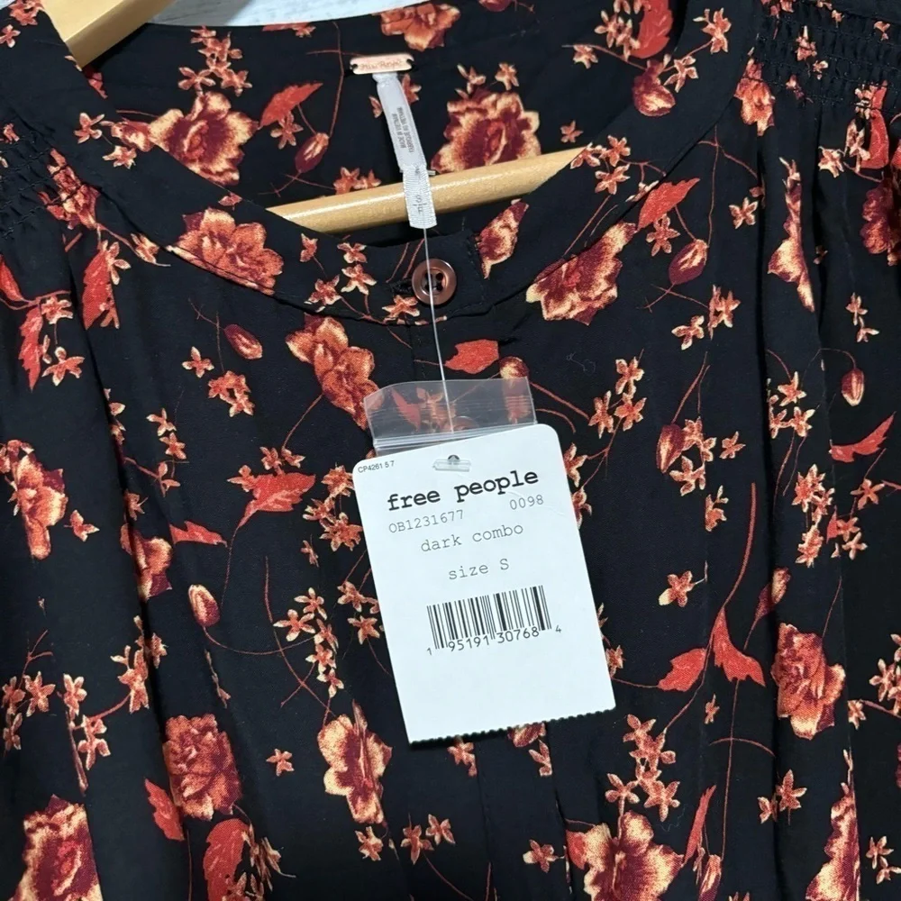 NEW Free People Flower Fields Long Sleeve orange/Black Boho Flowy Mini Dress